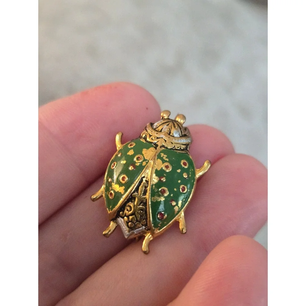 Damascene Green Ladybug Brooch Spain Signed Vintage